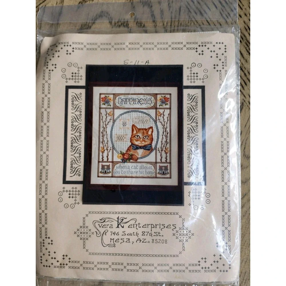 Vera K Enterprises Happiness Cat Home Cross Stitch Kit NOS New Vintage Kitty
